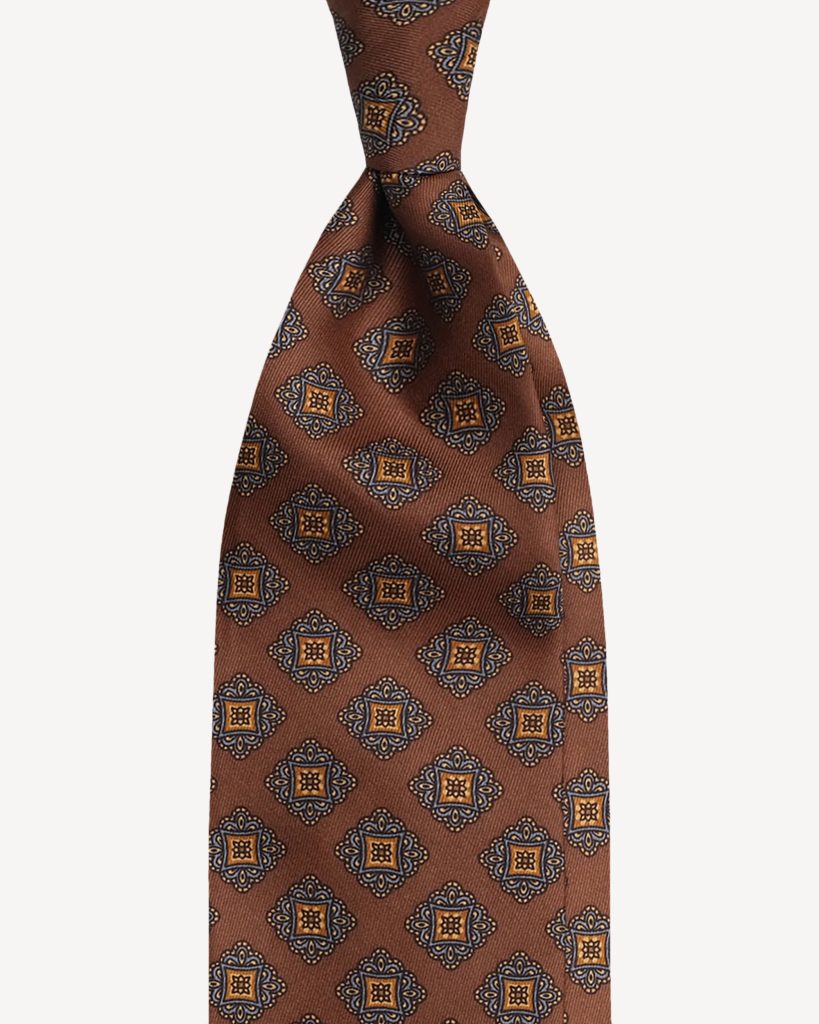 Diamond Floral Vintage Handprinted Selftipped silk tie - Coffee