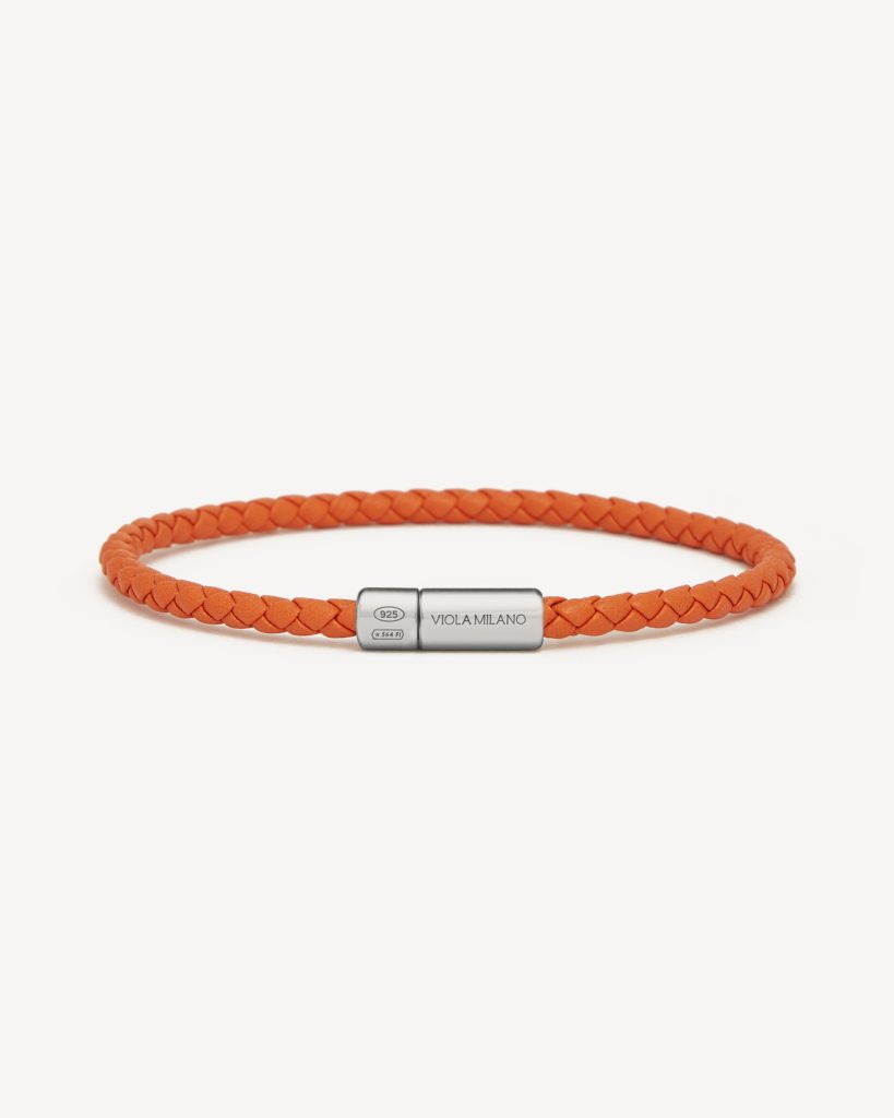 Italian Braided Leather bracelet With Silver Clasp - Orange
