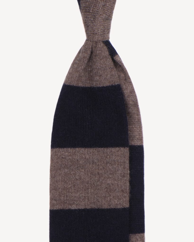 Stripe Knitted 100% Cashmere Tie - Navy/Beige