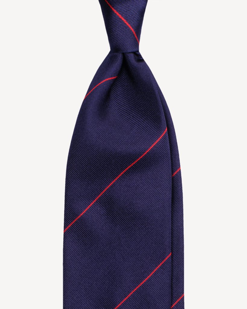 Single Stripe Handrolled Woven Silk Tie - Navy/Red