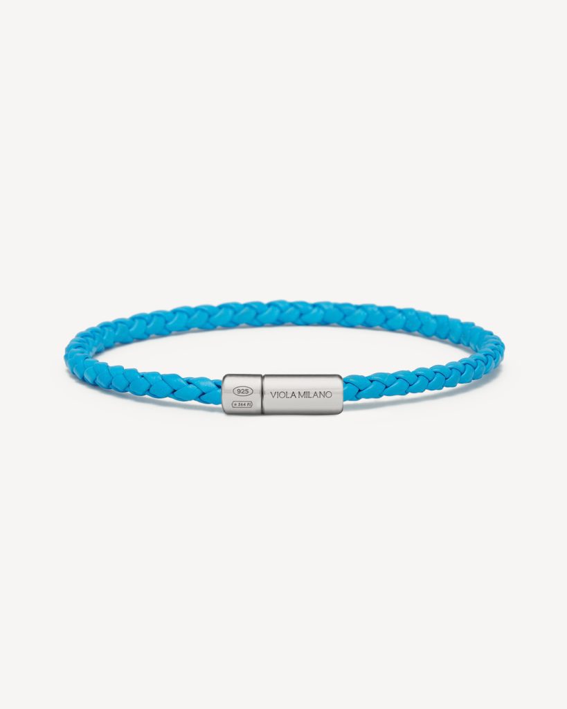 Italian Braided Leather bracelet With Silver Clasp - Sky Blue