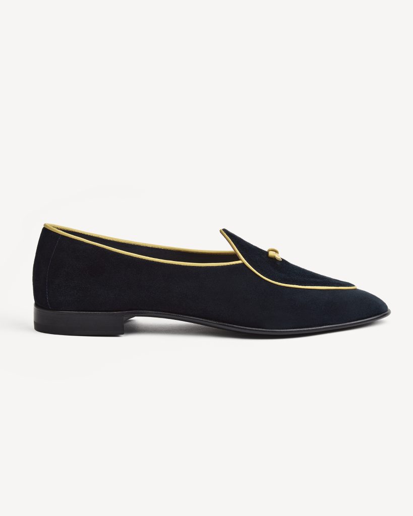 Unlined Belgian Suede Loafer - Black with Yellow Pipe