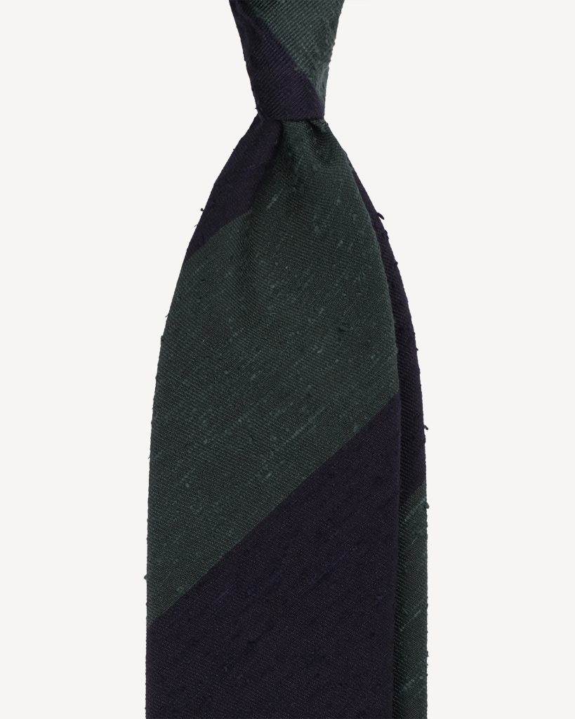 Block Stripe Handrolled Woven Shantung Tie - Navy/Forest