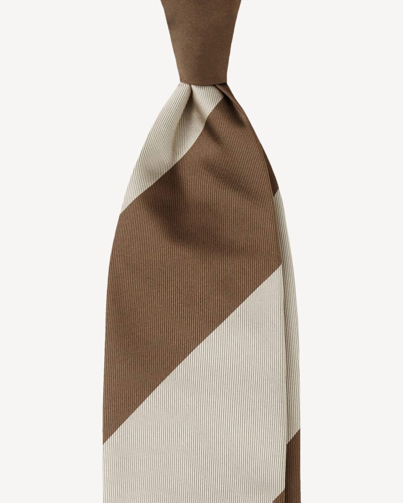 Block Stripe Handrolled Woven Silk Jacquard Tie - Coffee/Beige