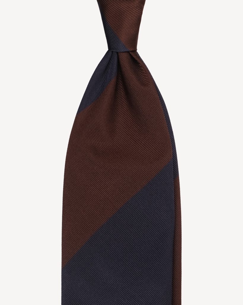 Block Stripe Handrolled Woven Silk Jacquard Tie - Navy/Brown