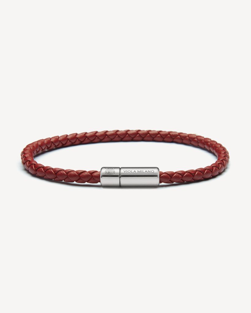 Italian Braided Leather bracelet With Silver Clasp - Blood