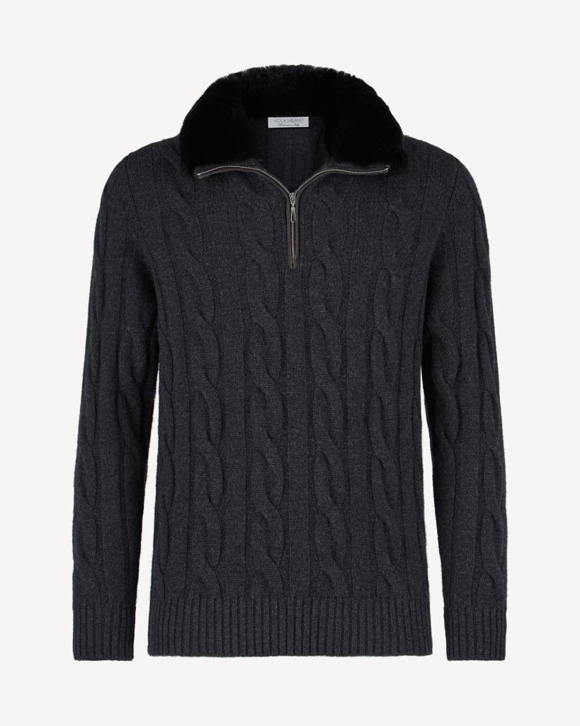 Cable Knit 100% Cashmere Zip Sweater With Fur - Charcoal