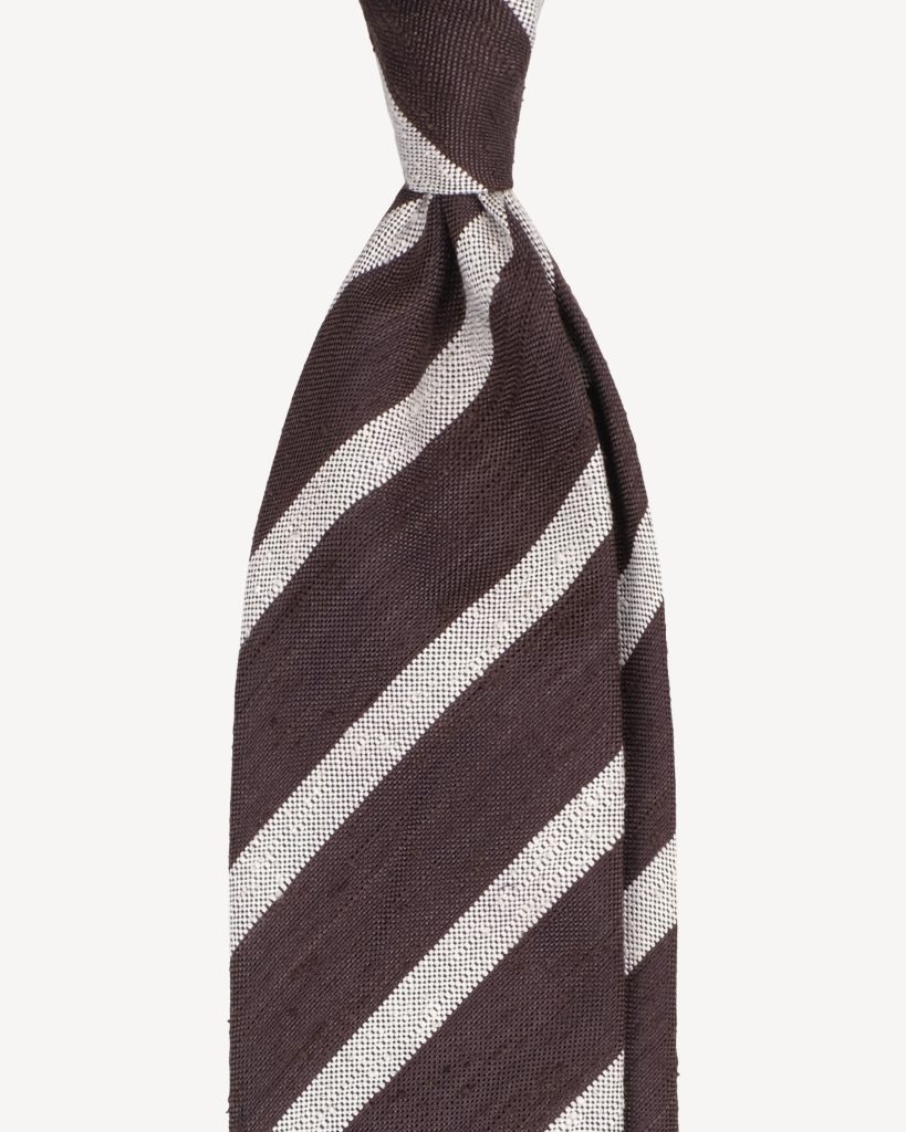 Classic Stripe Handrolled Woven Shantung Tie - Brown/White