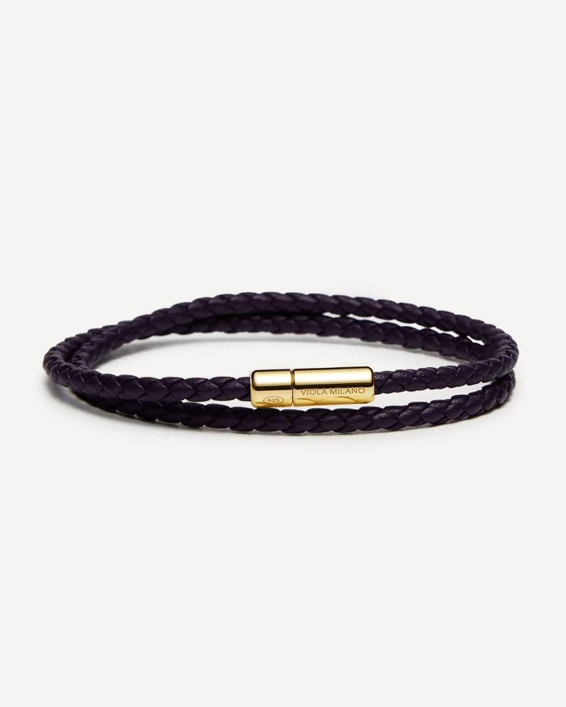 Double Braided Italian Leather bracelet with Gold Plated Clasp - Deep Purple