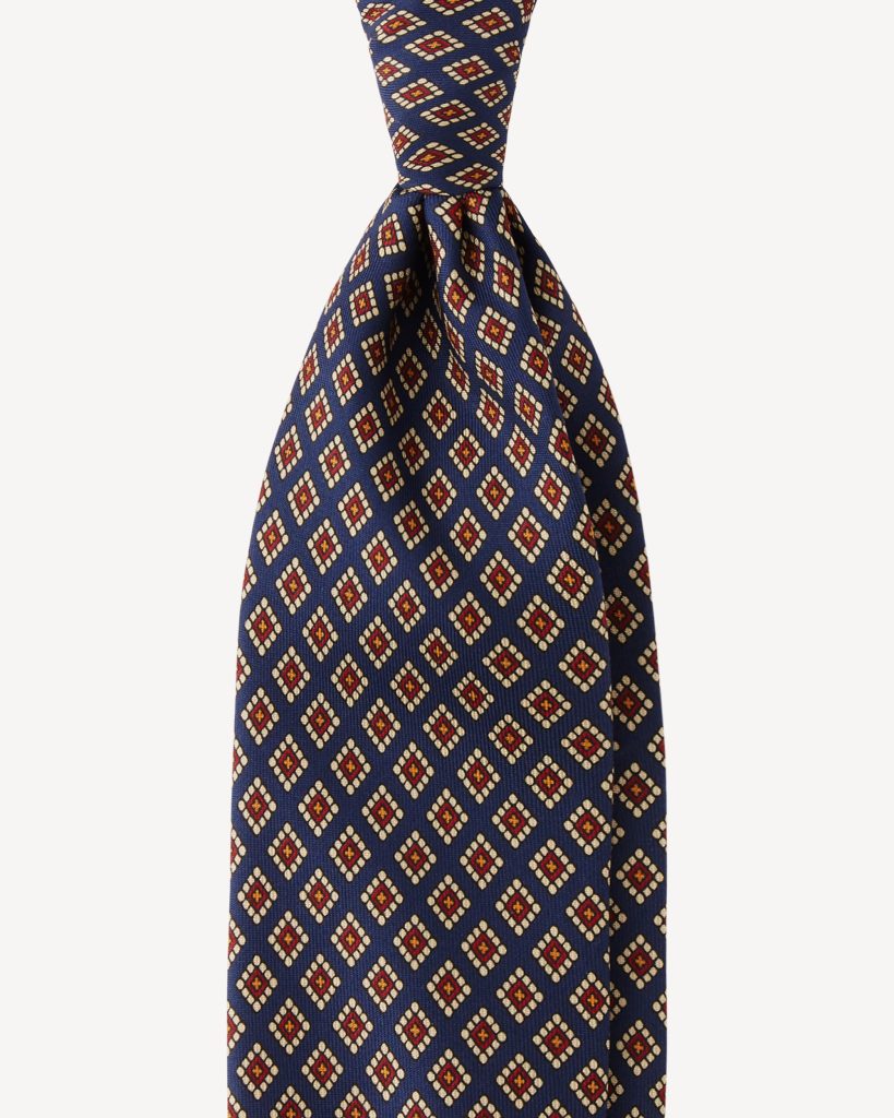 Diamond Pattern 3-fold Handprinted Selftipped silk tie - Navy