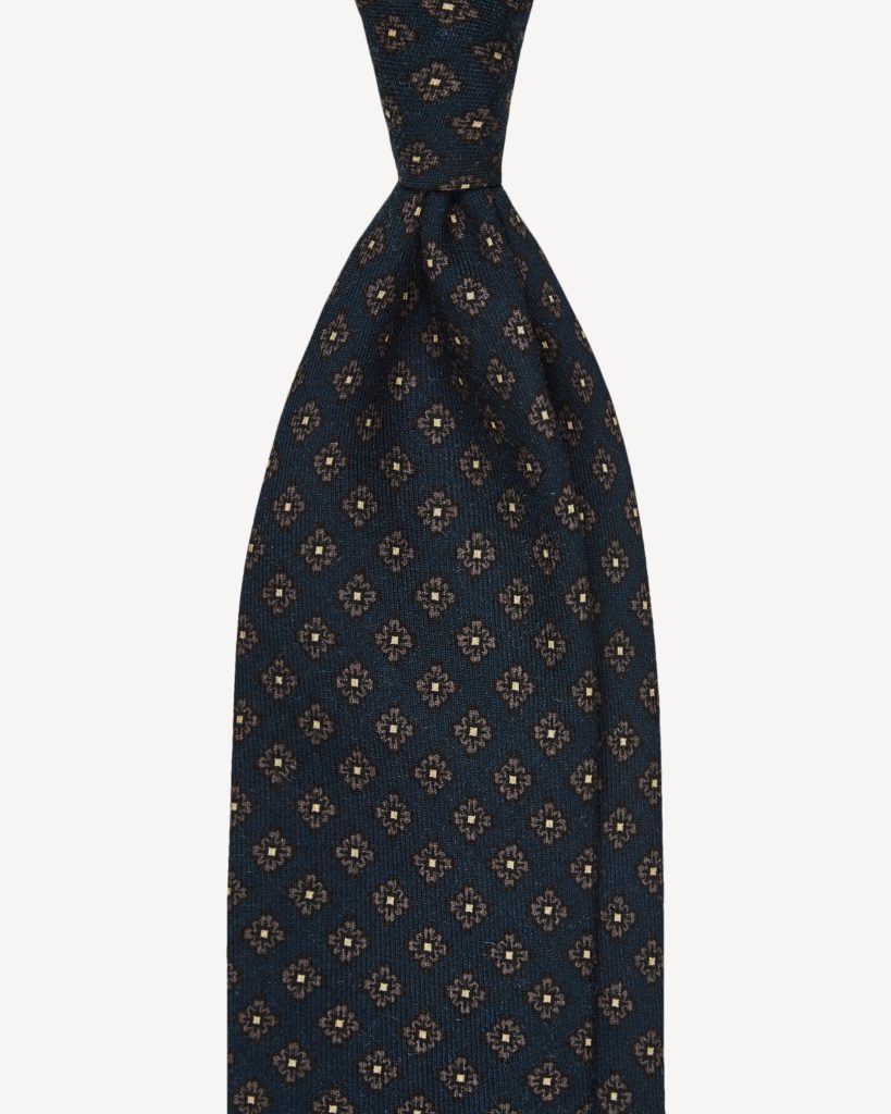 Floral Pattern Printed Italian Wool Tie - Navy/Grey
