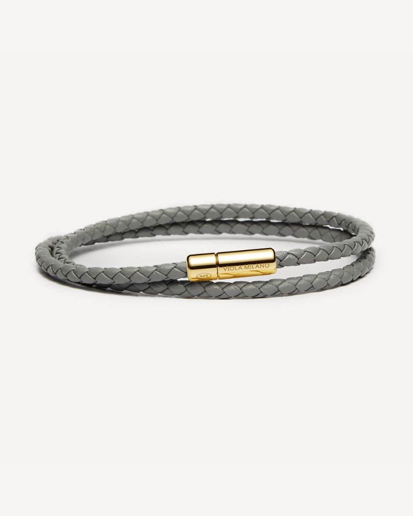 Double Braided Italian Leather bracelet with Gold Plated Clasp - Grey