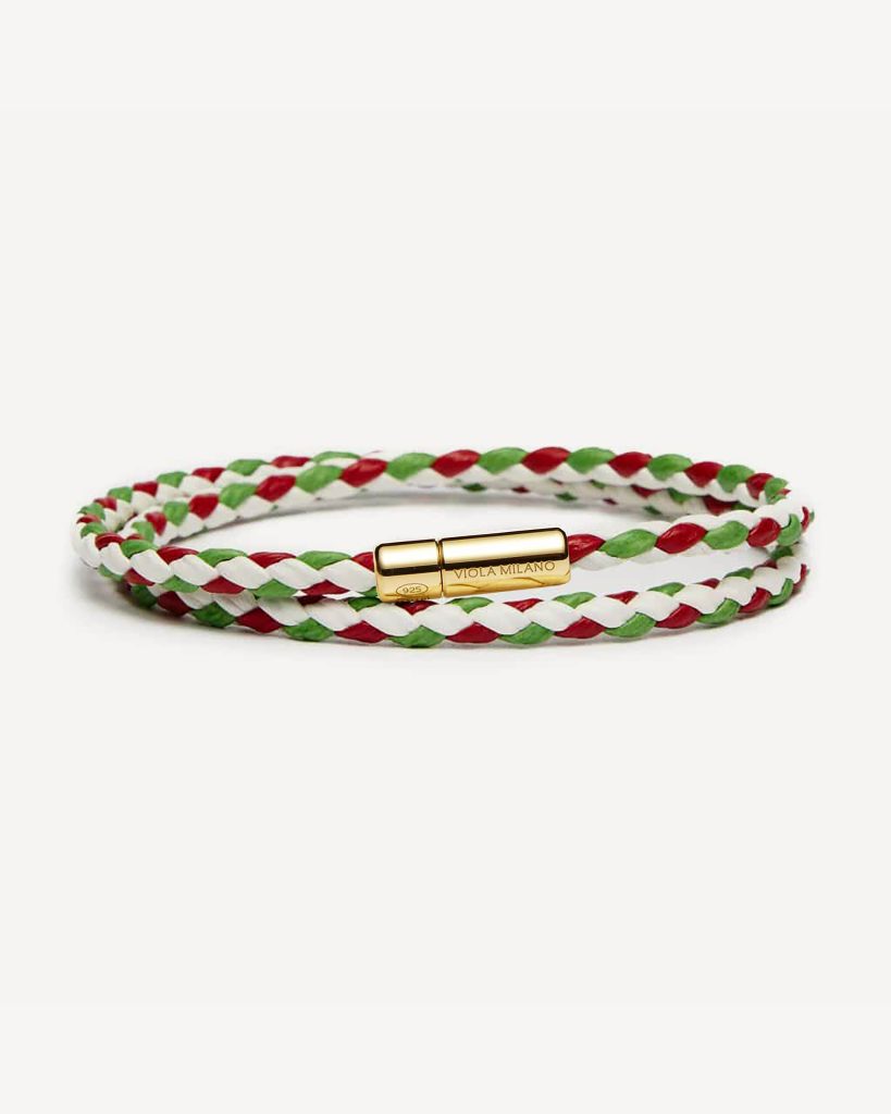 Double Braided Italian Leather bracelet with Gold Plated Clasp - Italian Flag