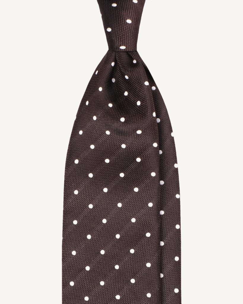 Polka Dot Handrolled Woven Silk Jacquard Tie - Brown/White