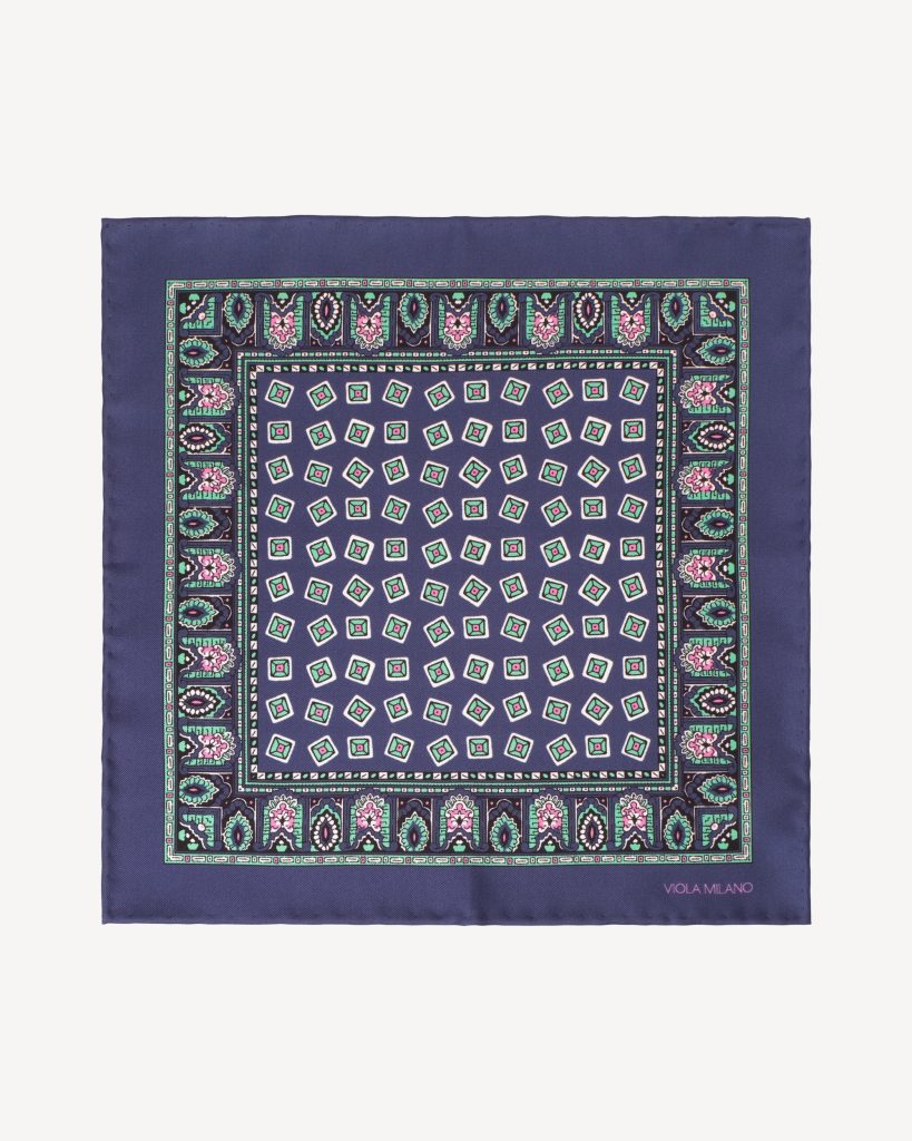 Diamond Pattern Printed Silk Pocket Square - Navy/Mint