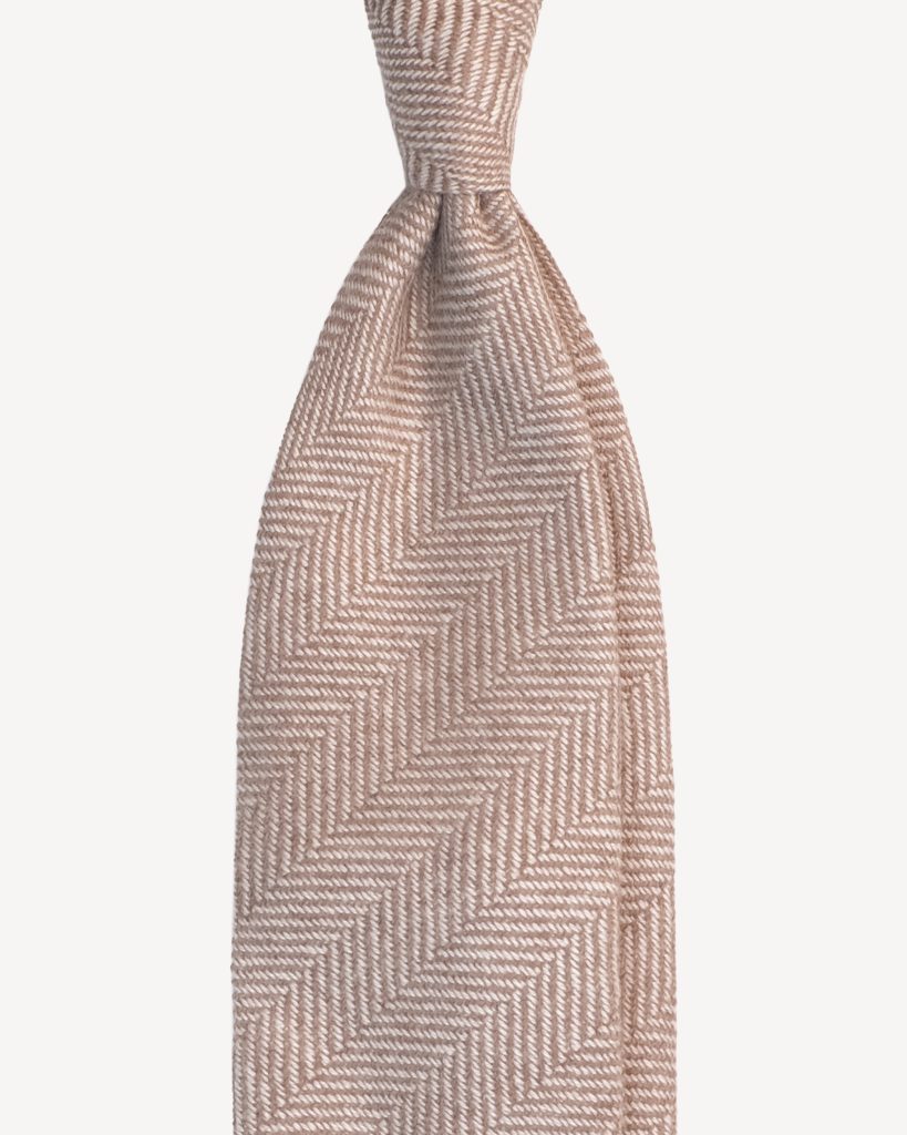Herringbone Pattern Handrolled 100% Cashmere Tie - Sand