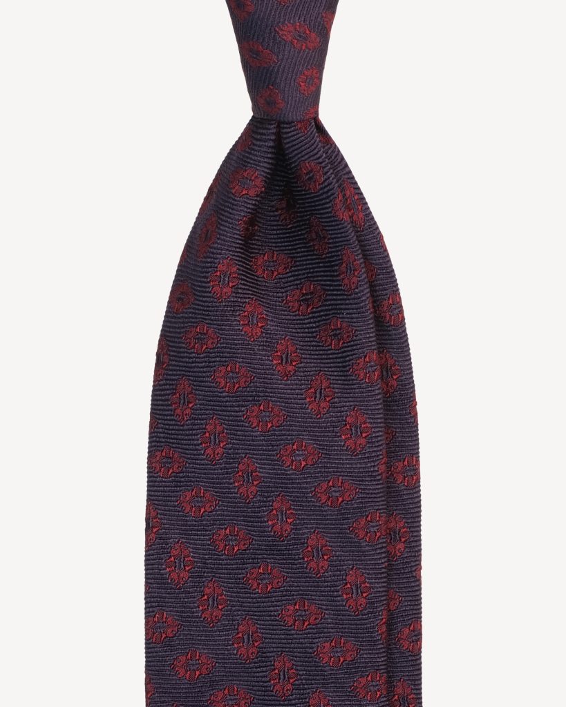 Floral Vintage Handrolled Woven Silk Tie - Navy/Wine