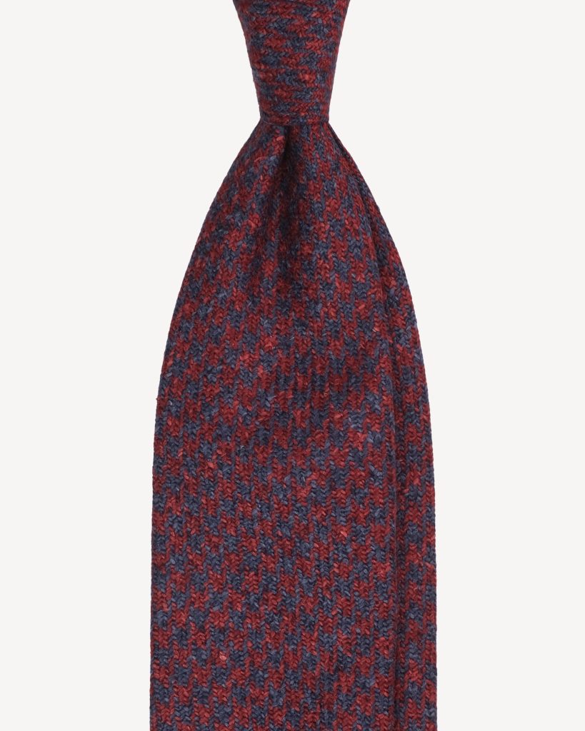 Houndstooth Pattern Handrolled Wool Tie - Navy/Wine
