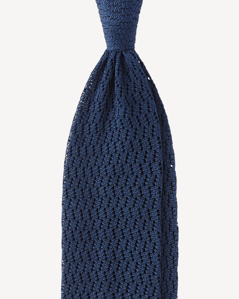 Knitted Zig Zag Pattern Silk Tie - Blue