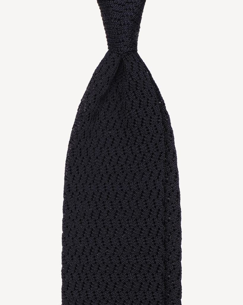 Knitted Zig Zag Pattern Silk Tie - Navy