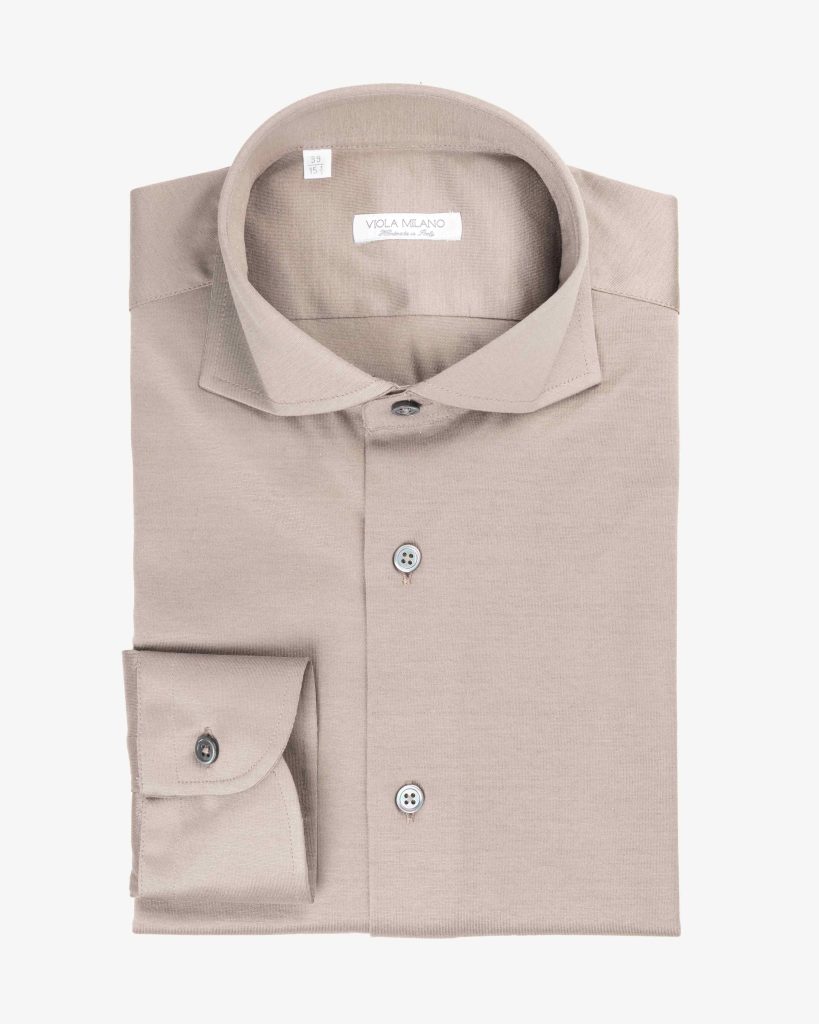 Solid Cotton Stretch Cut-away Collar Dress Shirt - Taupe