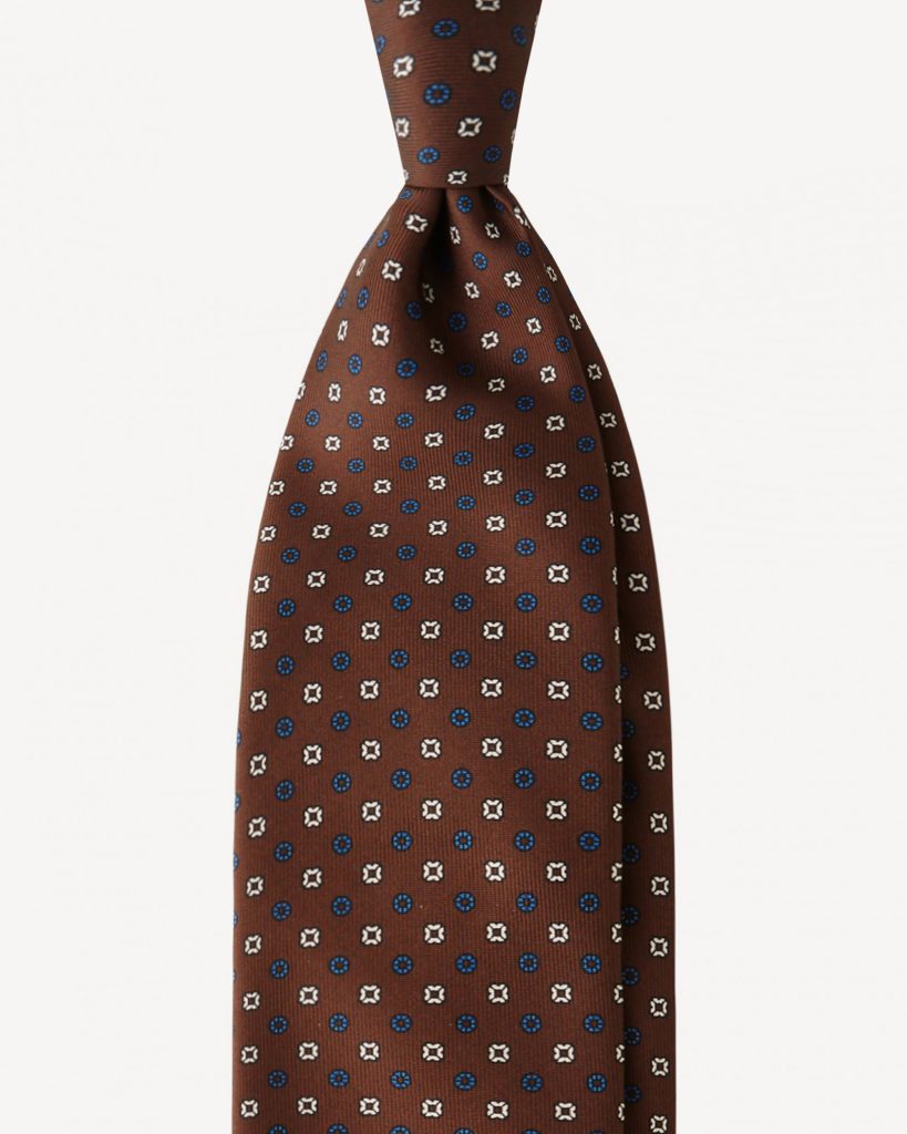 Mixed Floral 3-fold Handprinted Selftipped silk tie - Brown