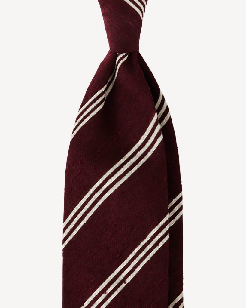 Multi Stripe Handrolled Woven Shantung Tie - Burgundy/White