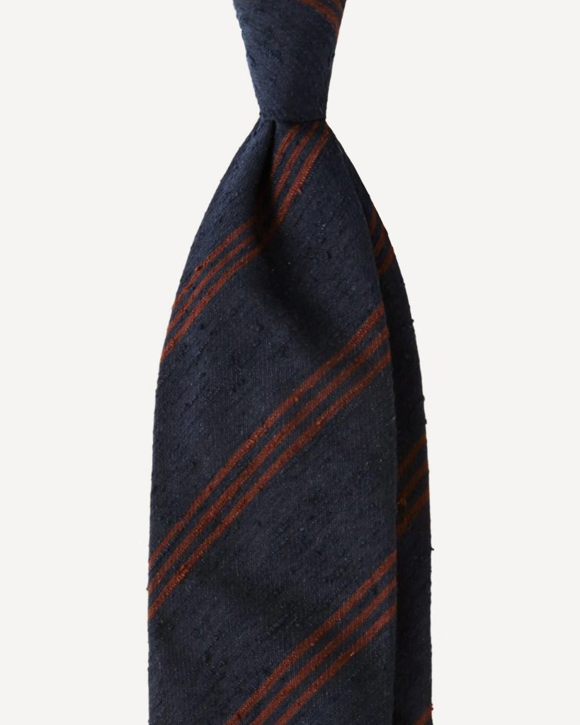 Multi Stripe Handrolled Woven Shantung Tie - Navy/Brown