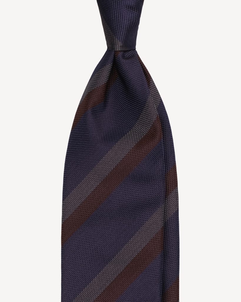 Multi Stripe Handrolled Woven Silk Tie - Navy/Brown Mix
