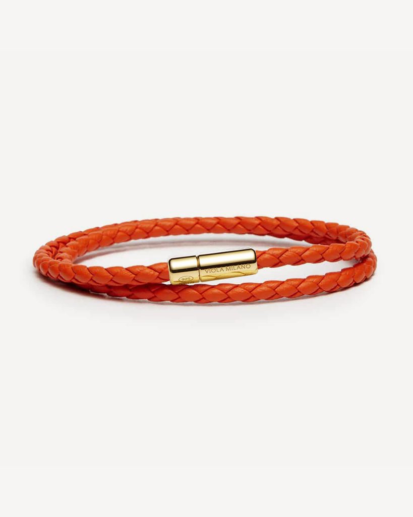 Double Braided Italian Leather bracelet with Gold Plated Clasp - Orange