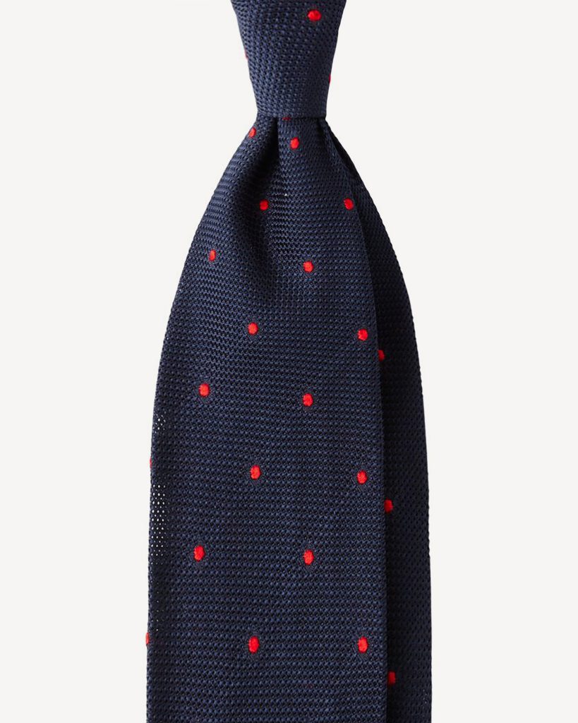 Polka Dot Grenadine  7-Fold Unlined Tie - Navy/Red