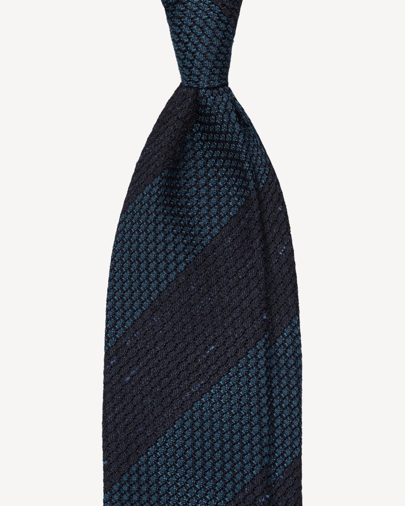 Raw Block Stripe 3-fold Grenadine Tie - Denim/Sea