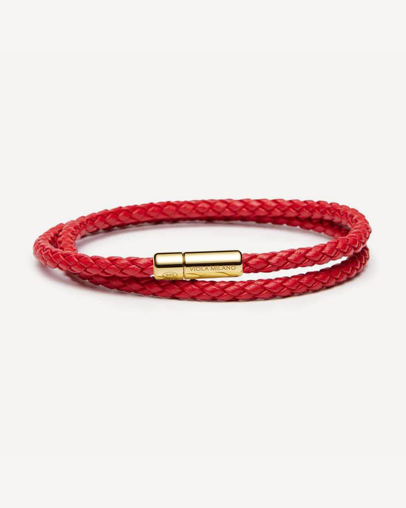 Double Braided Italian Leather bracelet with Gold Plated Clasp - Red