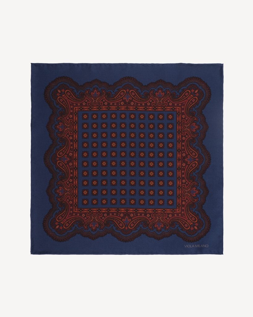 Rosette Archive Printed Silk Pocket Square - Navy