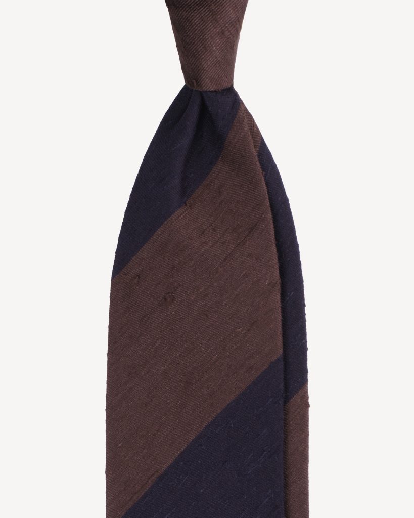 Block Stripe Handrolled Woven Shantung Tie - Navy/Brown