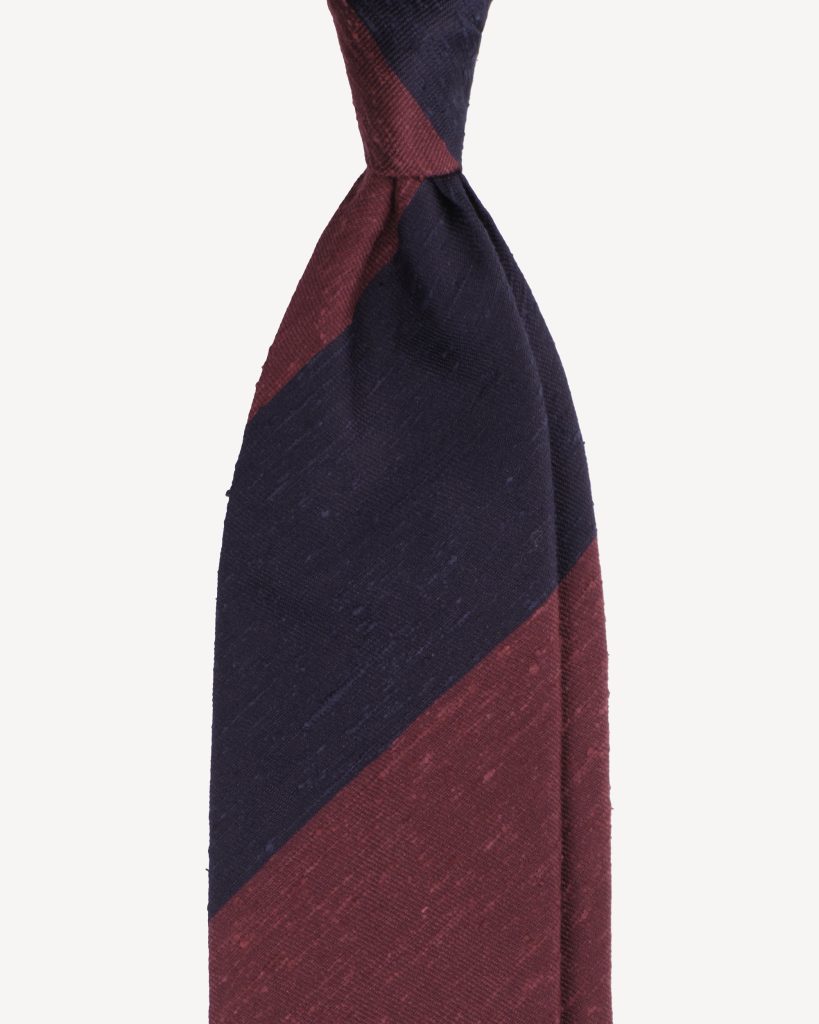 Block Stripe Handrolled Woven Shantung Tie - Navy/Wine