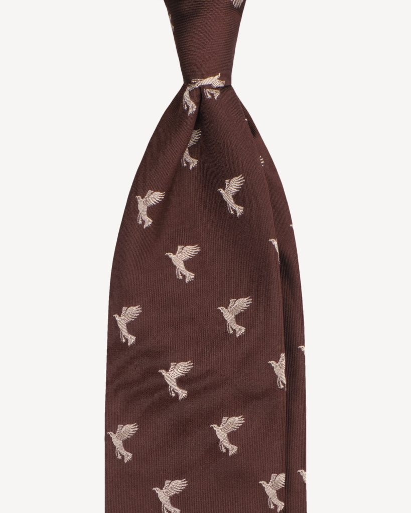 Bird Pattern Vintage Handrolled Woven Silk Tie - Brown Mix