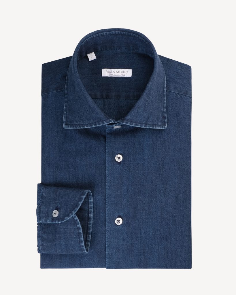Solid Denim Cut Away Collar Dress Shirt