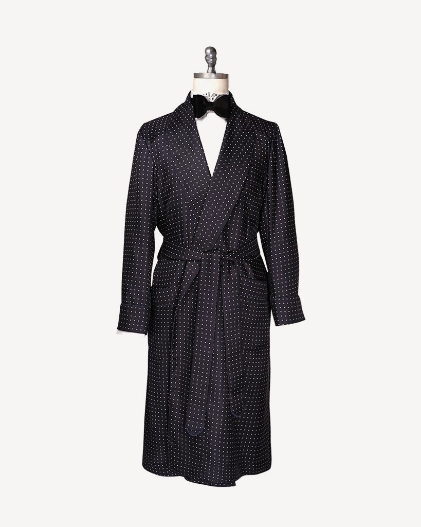 Unlined Luxury Handprinted Silk Dressing Gown - Navy Spot