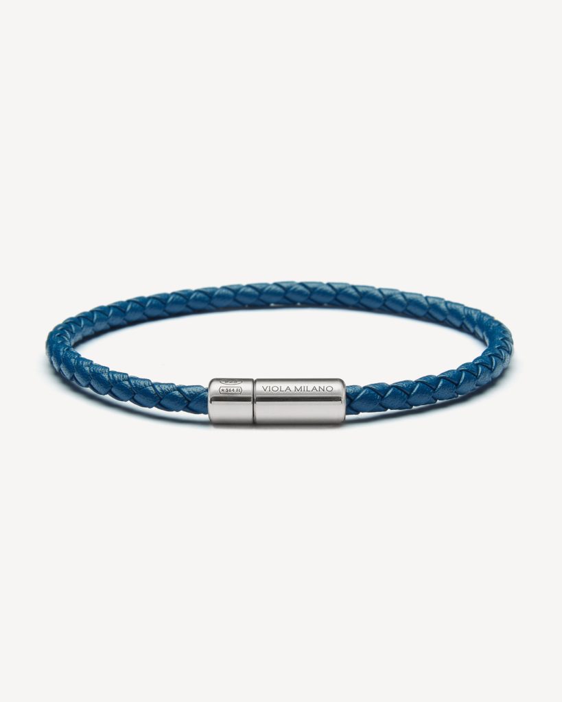 Italian Braided Leather bracelet With Silver Clasp - Blue
