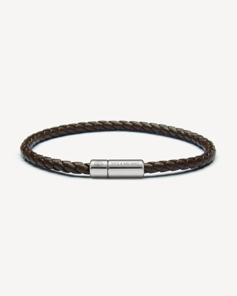 Italian Braided Leather bracelet With Silver Clasp - Brown
