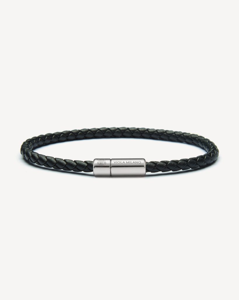 Italian Braided Leather bracelet With Silver Clasp - Black