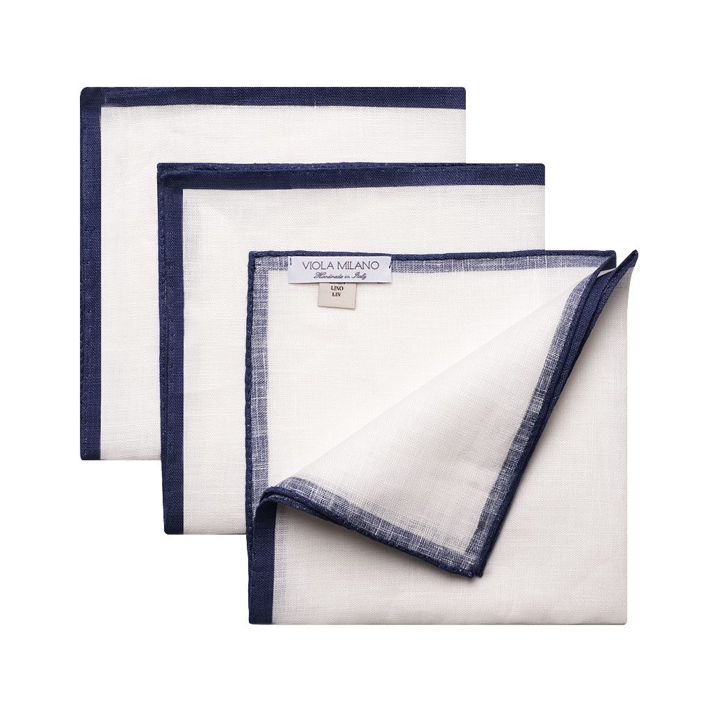 Box of 3 Classic Shoestring Linen Pocket Square - Navy